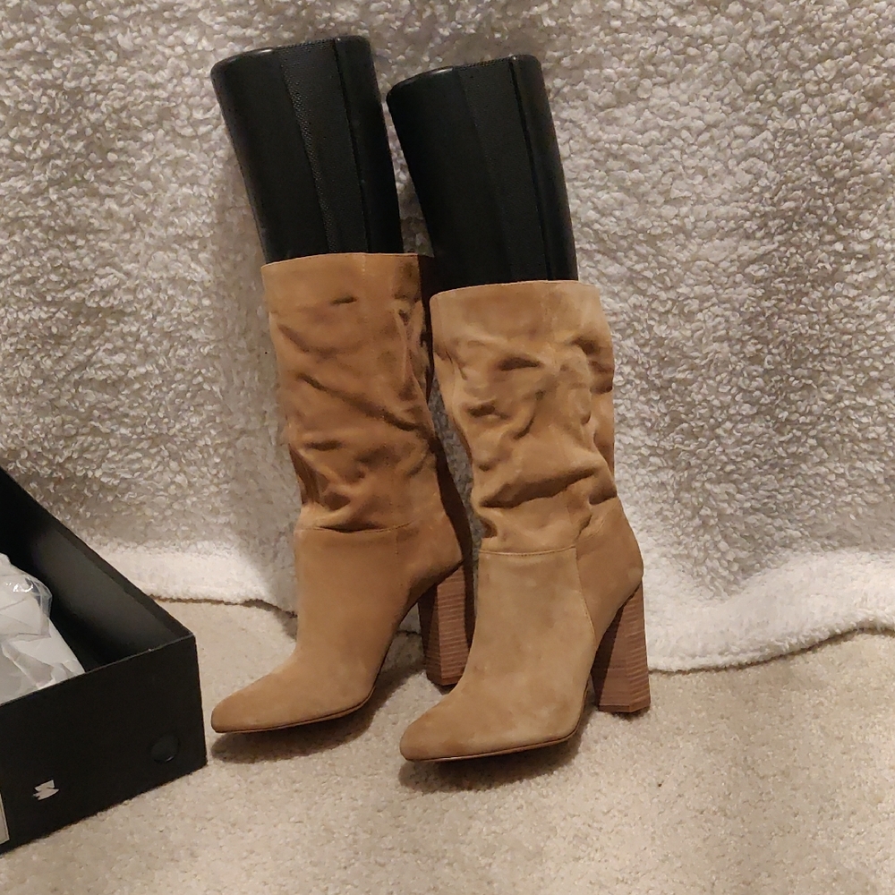 Banana Republic Taupe Suede Slouchy Block Heel Boots